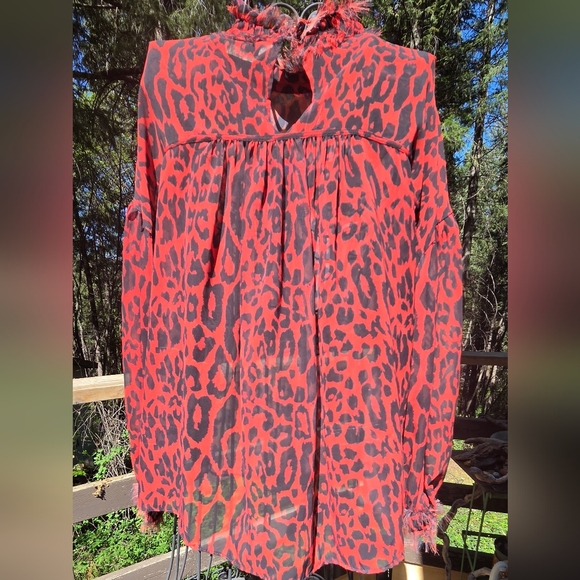 Zara 1975 Jeans Collection Red&Black Leopard Print Sheer Long Sleeve Blouse SzM - Picture 8 of 10